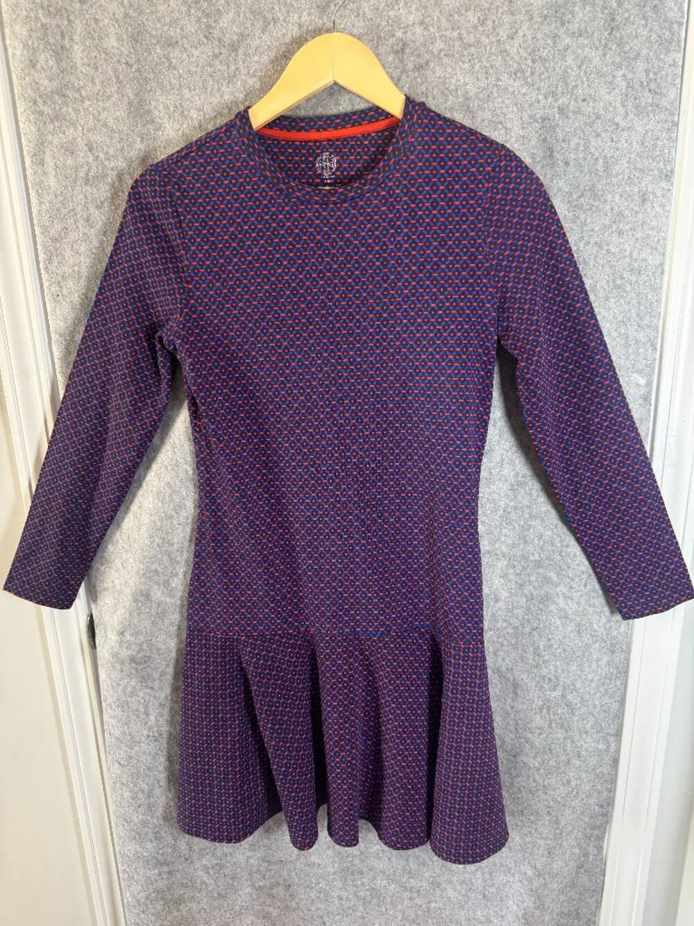 TORY BURCH Geometric Micro Print Drop Waist Long Sleeve Dress Red Navy Size XS